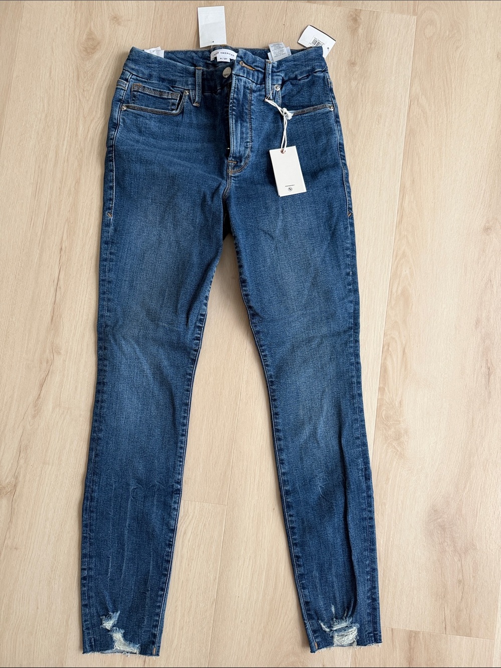 Good American Indigo Skinny Jeans with Distressed Ankles